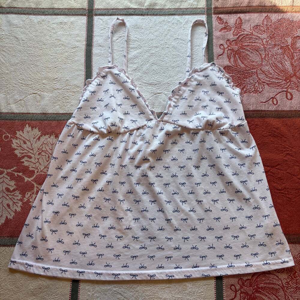 Laura Ashley Pale Pink Navy Bow Print Babydoll Cami Lettuce Trim Coquette Top XL